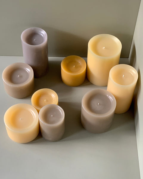 pillar candle set grey and beige or brown