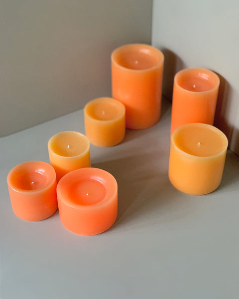  pillar candle set orange and sunshine yellow